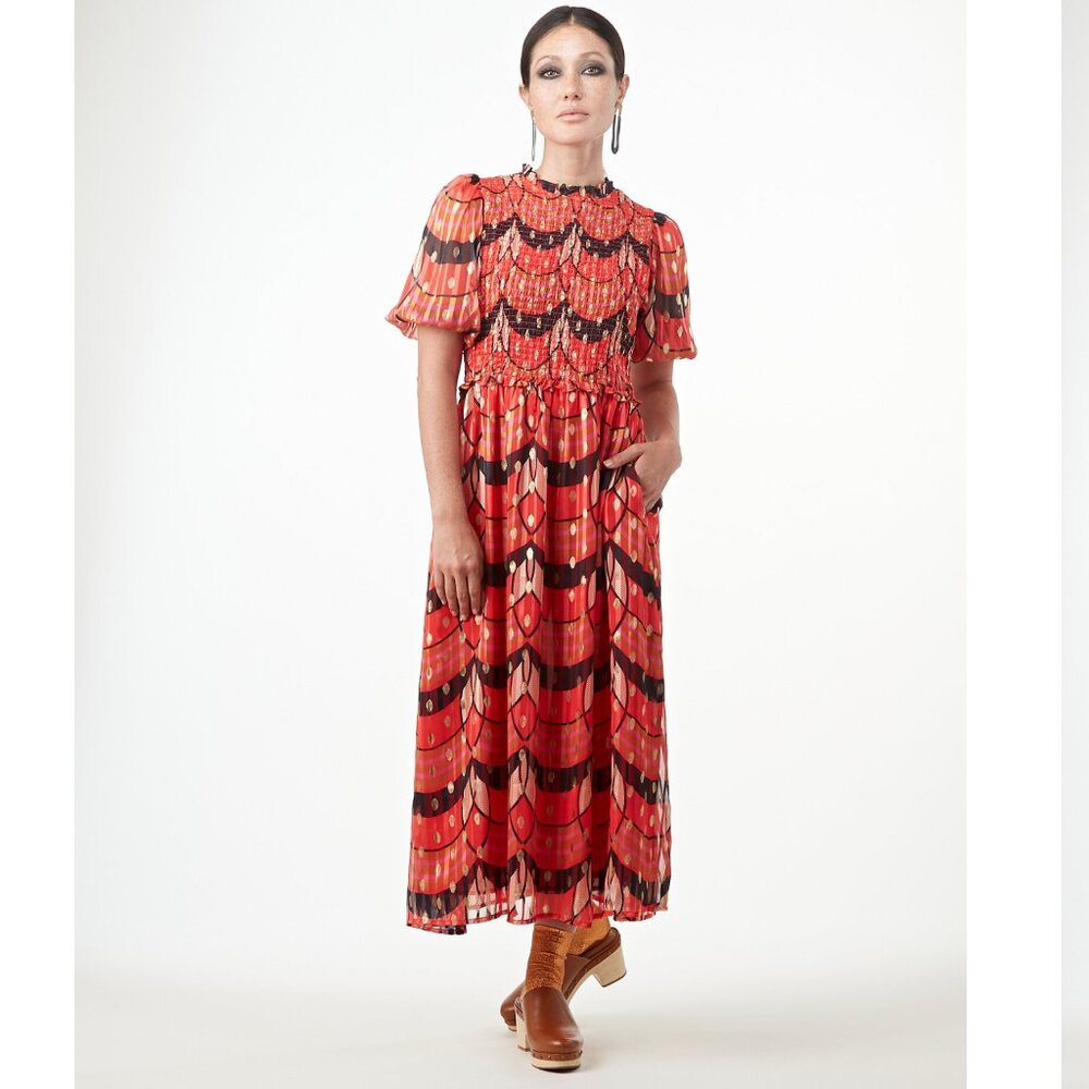 The Odells Metallic Mock Neck Long Sleeve Tiered Midi Cocktail Dress